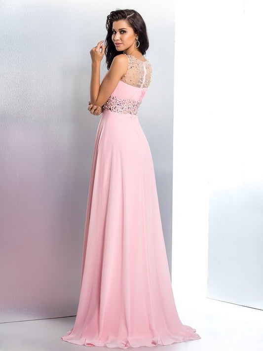 A-Line/Princess Neck Sheer Beading Sleeveless Long Chiffon Dresses