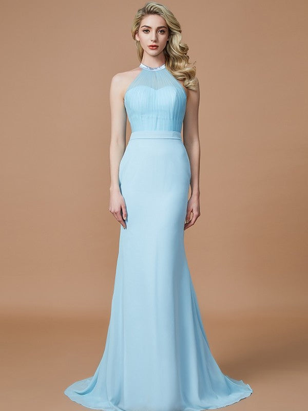 Trumpet/Mermaid Train Sweep/Brush Sleeveless Scoop Chiffon Bridesmaid Dresses