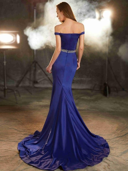 Trumpet/Mermaid Crystal Off-the-Shoulder Sweep/Brush Sleeveless Train Satin Dresses