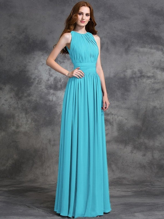 Jewel Long A-line/Princess Sleeveless Ruched Chiffon Bridesmaid Dresses