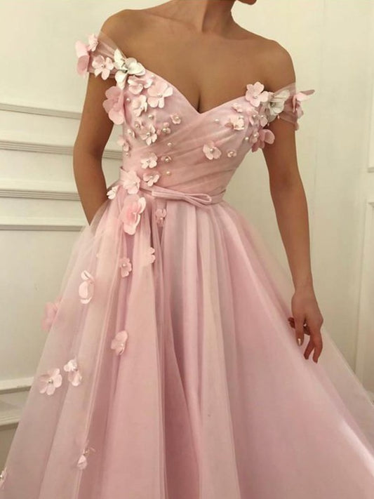 Floor-Length A-Line/Princess Off-the-Shoulder Sleeveless Applique Tulle Dresses