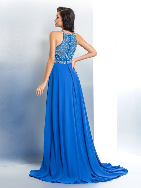 Beading Long Scoop A-Line/Princess Sleeveless Chiffon Dresses