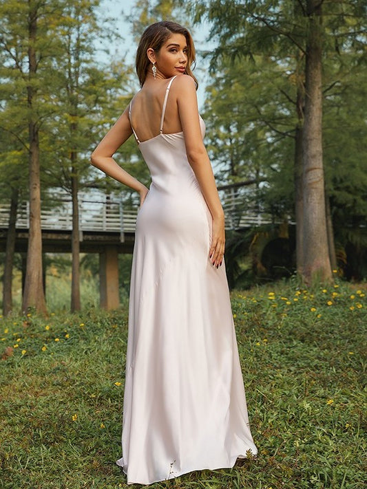 Ruched Sheath/Column Sweep/Brush Charmeuse Straps Sleeveless Spaghetti Train Bridesmaid Dresses