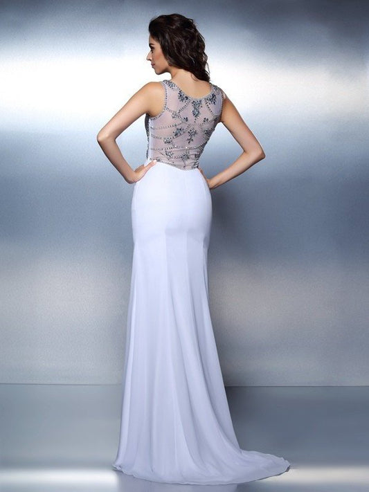 Bateau Trumpet/Mermaid Sleeveless Beading Long Chiffon Dresses