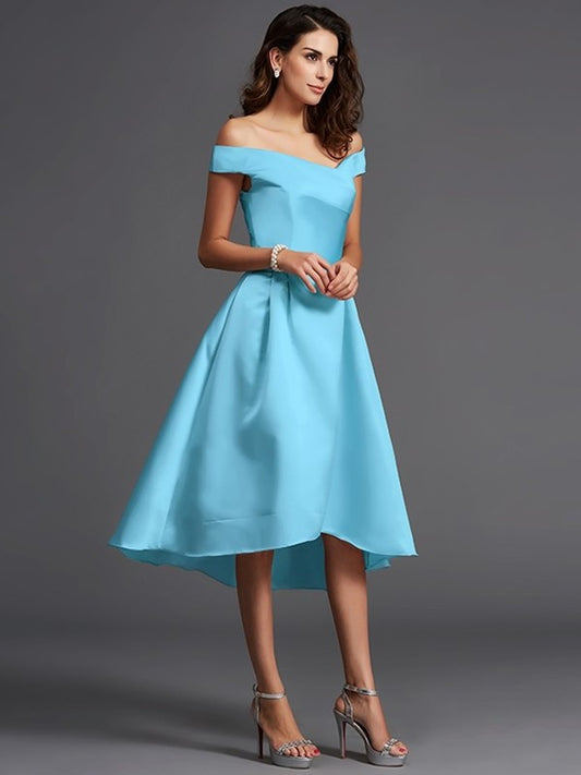 Sleeveless Off-the-Shoulder High A-Line/Princess Low Satin Bridesmaid Dresses