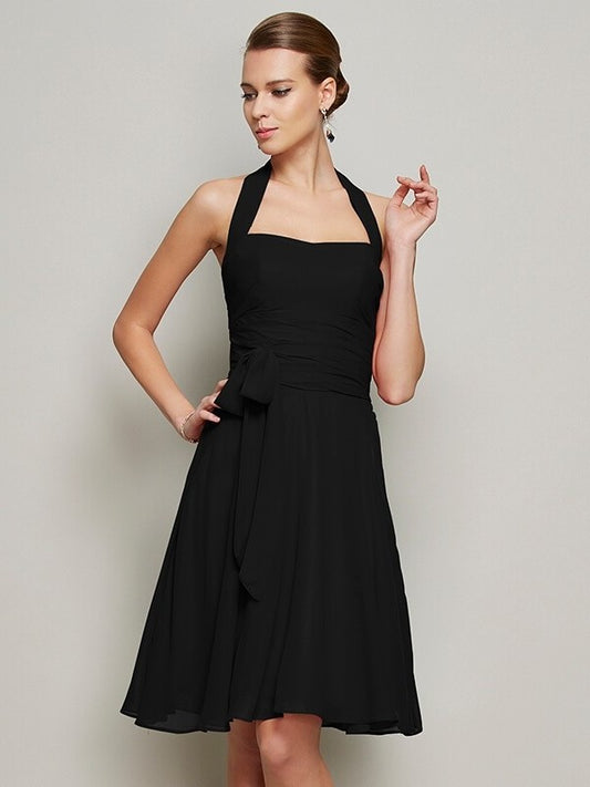 Short Halter Bowknot A-Line/Princess Pleats Sleeveless Chiffon Bridesmaid Dresses