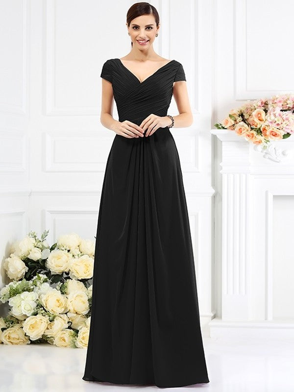 Long Pleats A-Line/Princess Short V-neck Sleeves Chiffon Bridesmaid Dresses