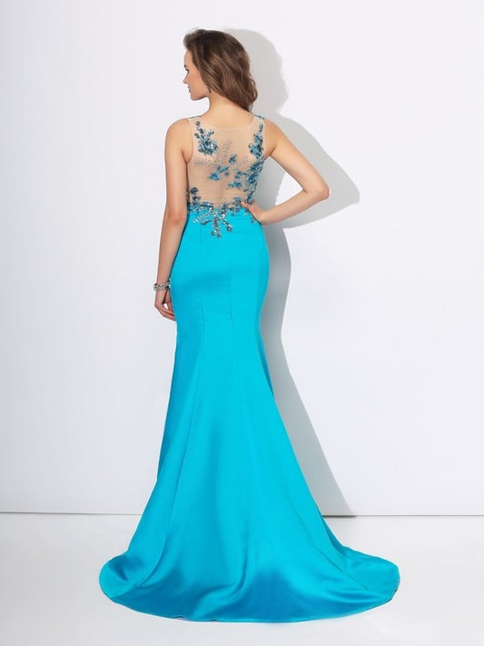 Sleeveless Trumpet/Mermaid Scoop Applique Long Satin Dresses