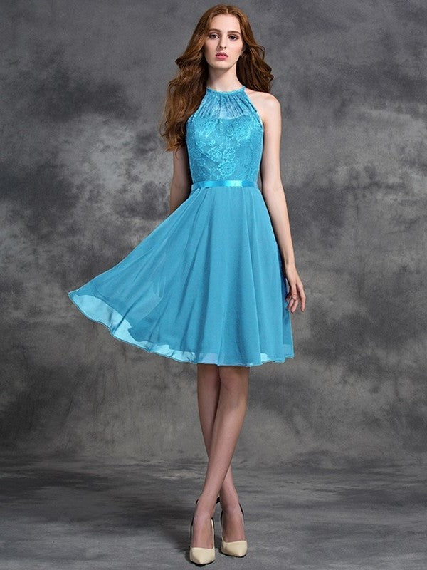 Short Lace A-line/Princess Sleeveless Halter Chiffon Bridesmaid Dresses