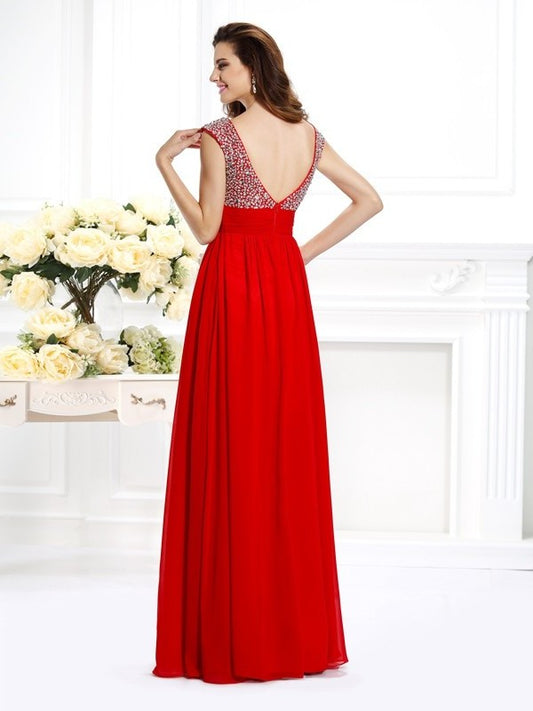 A-Line/Princess Straps Sleeveless Beading Paillette Long Chiffon Dresses