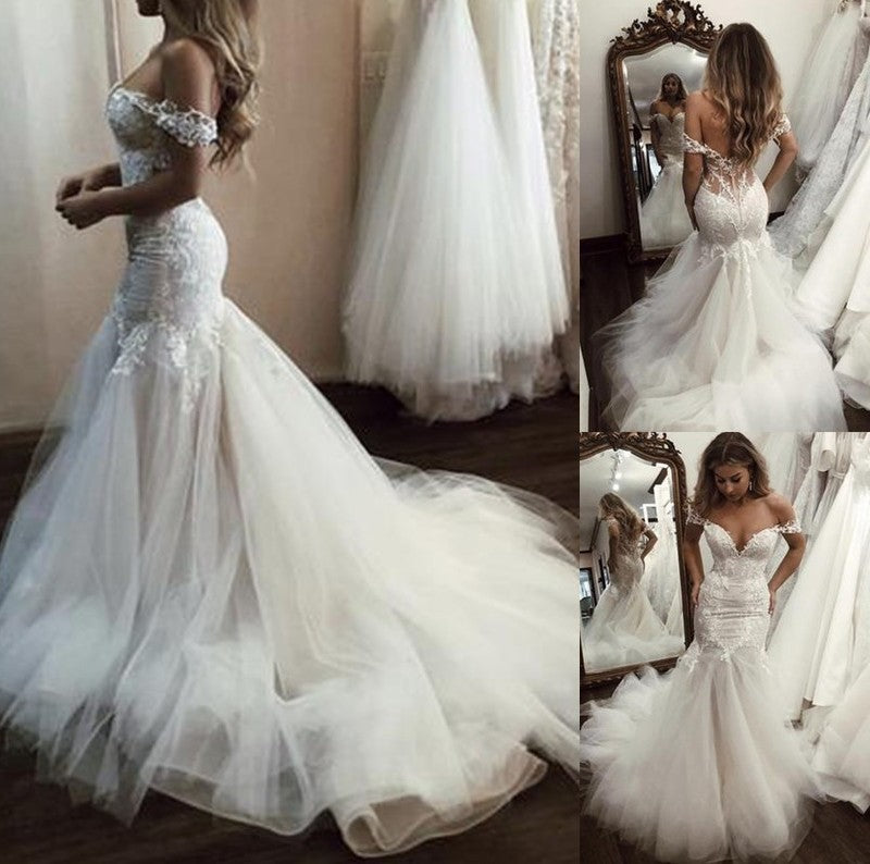 Sleeveless Off-the-Shoulder Tulle Sweep/Brush Trumpet/Mermaid Applique Train Wedding Dresses