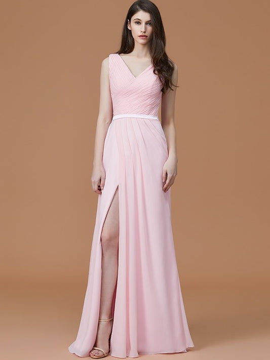 Sleeveless V-neck Floor-Length A-Line/Princess Ruched Chiffon Bridesmaid Dresses