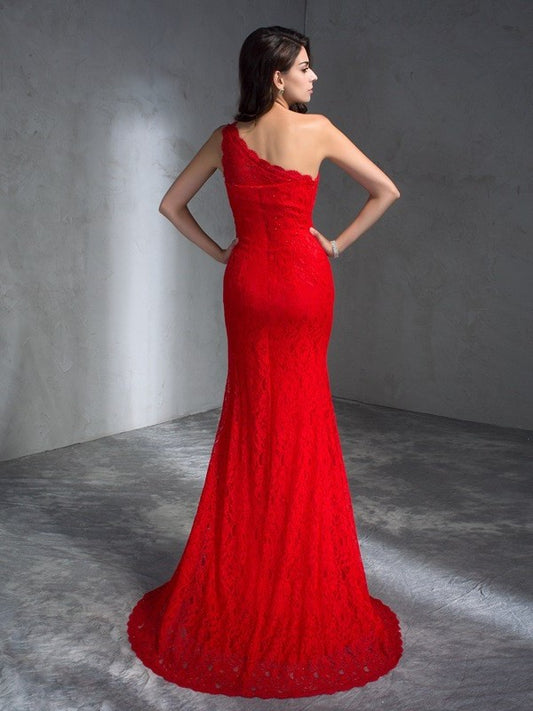 One-Shoulder Sleeveless Trumpet/Mermaid Long Lace Dresses