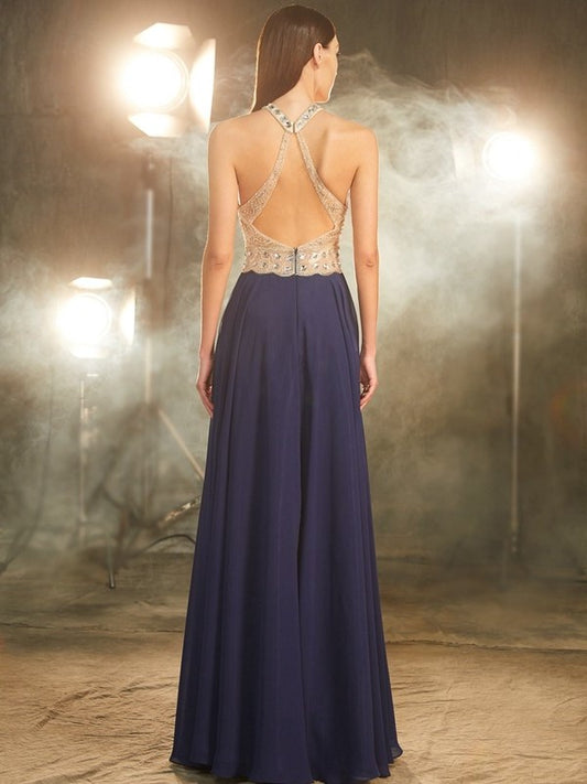 Beading Straps A-Line/Princess Sleeveless Chiffon Floor-Length Dresses