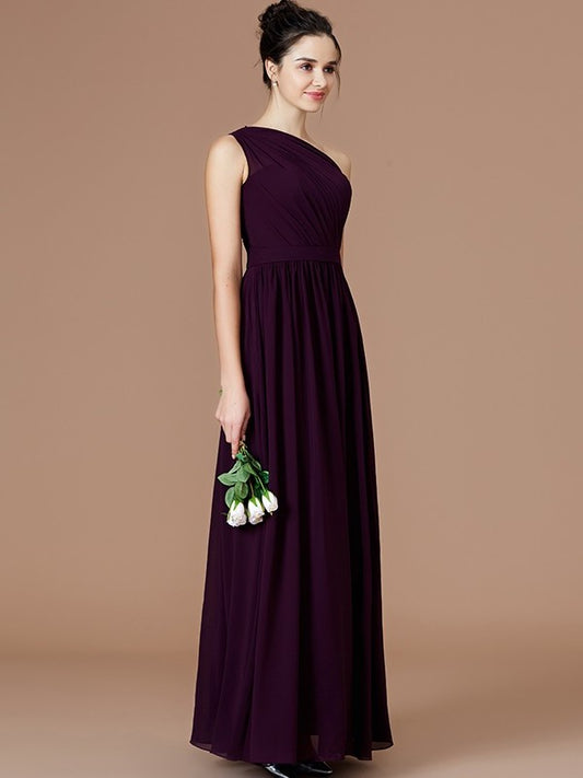 Ruched Floor-Length One-Shoulder A-Line/Princess Sleeveless Chiffon Bridesmaid Dresses