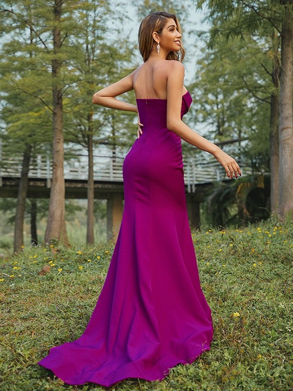 Sheath/Column Sweep/Brush Ruched Sleeveless Stretch Sweetheart Crepe Train Bridesmaid Dresses