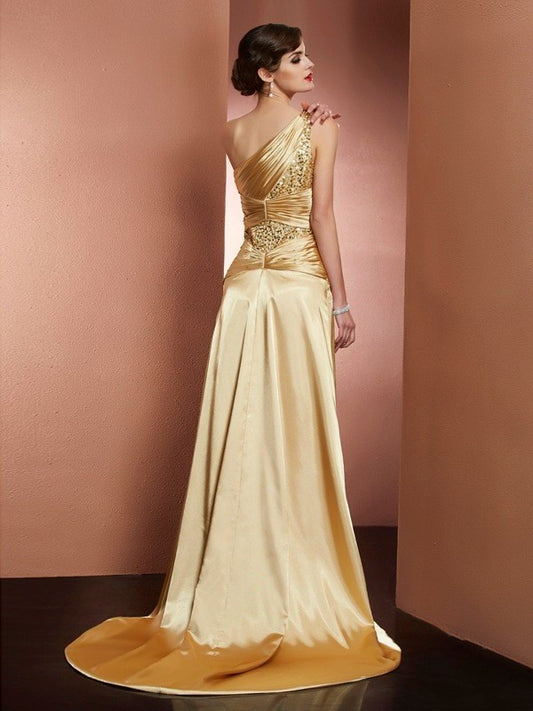 Sleeveless Long Sheath/Column Elastic One-Shoulder Beading Woven Satin Dresses