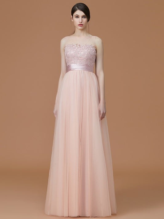 Applique Bateau Sleeveless A-Line/Princess Floor-Length Tulle Bridesmaid Dresses