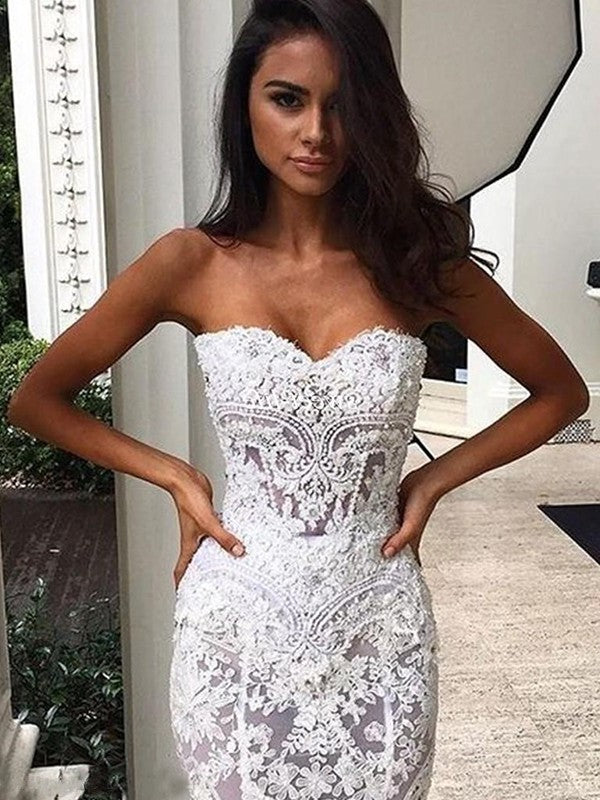 Train Trumpet/Mermaid Court Sweetheart Sleeveless Applique Lace Wedding Dresses