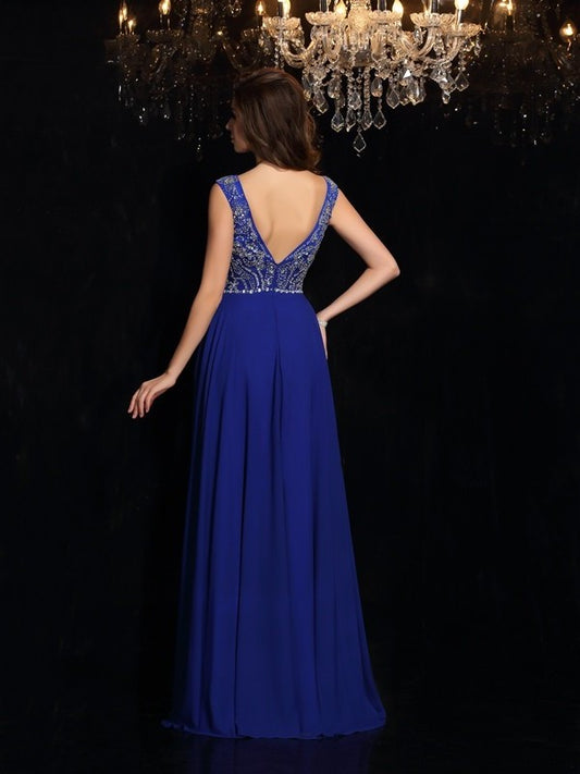 A-Line/Princess Sleeveless Scoop Beading Long Chiffon Dresses