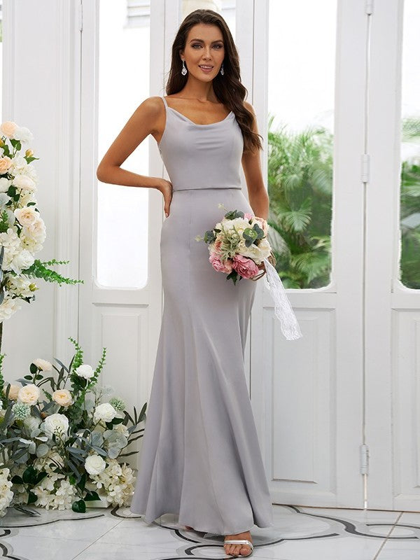 Ruffles Charmeuse Sleeveless Square Sheath/Column Floor-Length Bridesmaid Dresses