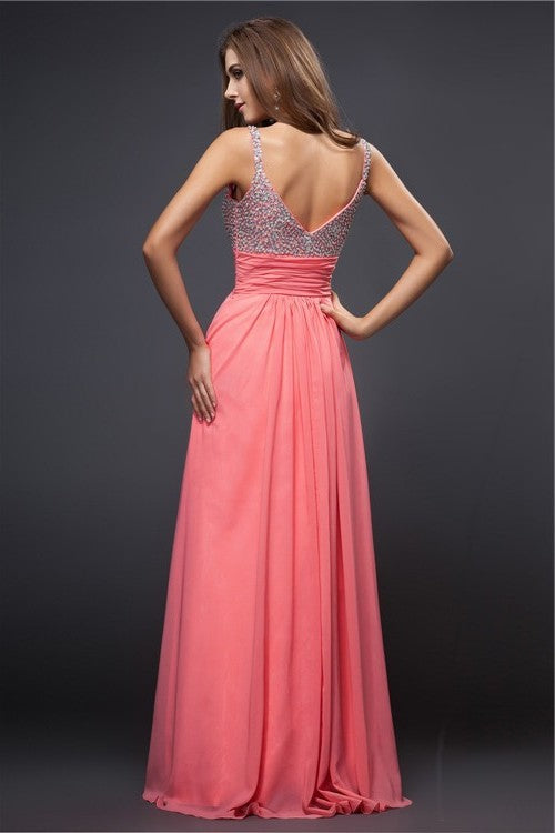 Sleeveless Straps Spaghetti Beading Sheath/Column Long Chiffon Dresses