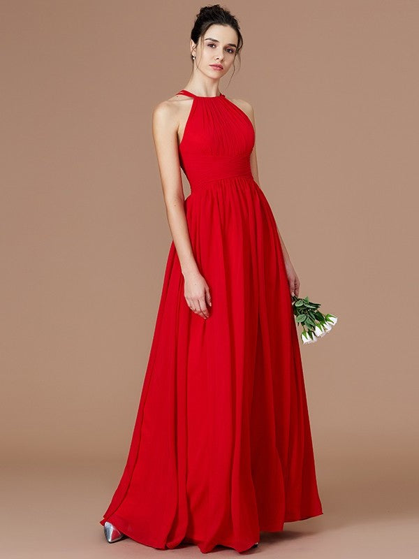 A-Line/Princess Floor-Length Ruched Sleeveless Halter Chiffon Bridesmaid Dresses