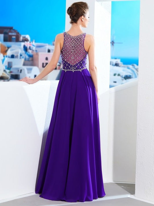 A-Line/Princess Chiffon Sleeveless Scoop Crystal Floor-Length Dresses