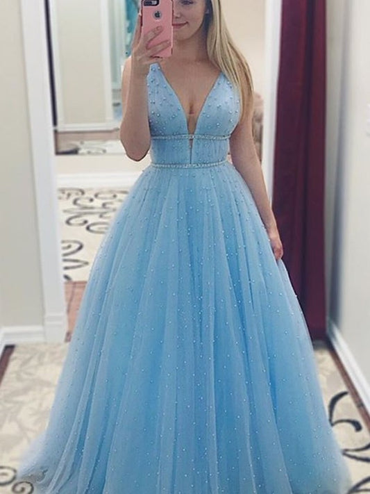 Sleeveless V-neck A-Line/Princess Floor-Length Pearls Tulle Dresses