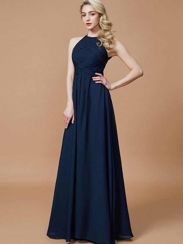 Sleeveless Ruched Floor-Length Halter A-Line/Princess Chiffon Bridesmaid Dresses