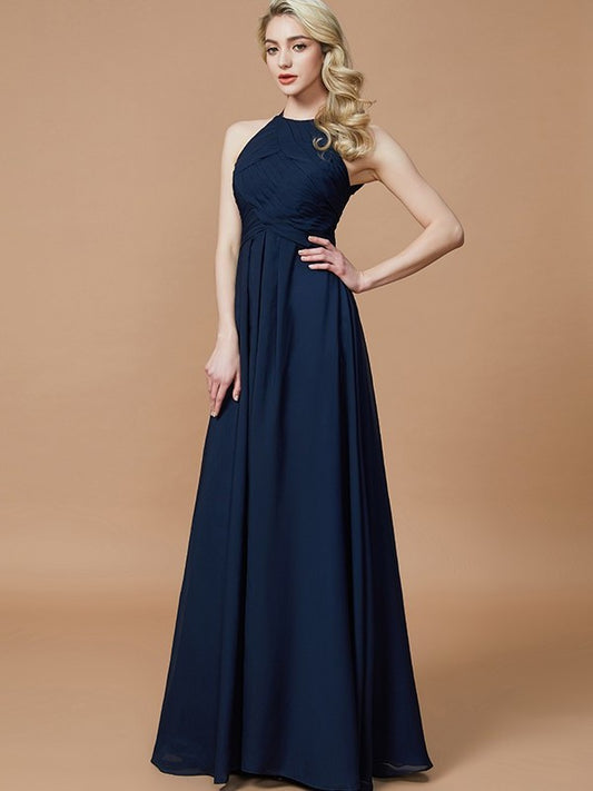 Sleeveless Ruched Floor-Length Halter A-Line/Princess Chiffon Bridesmaid Dresses