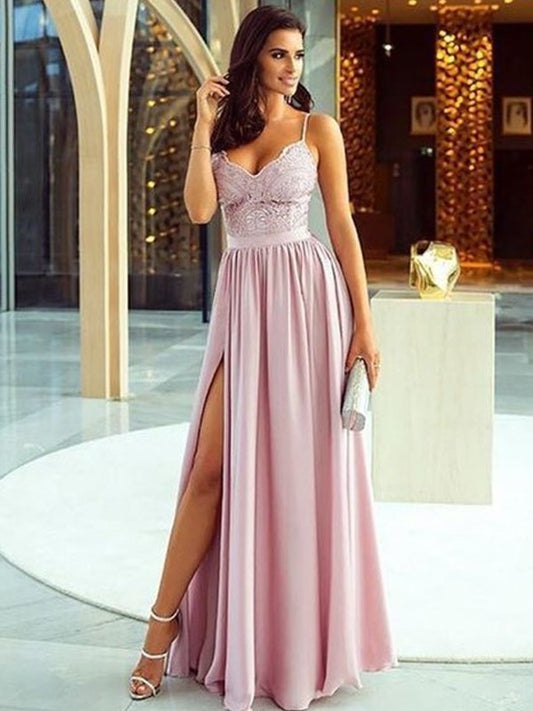 Spaghetti Straps Silk A-Line/Princess Sleeveless Applique Floor-Length like Satin Dresses