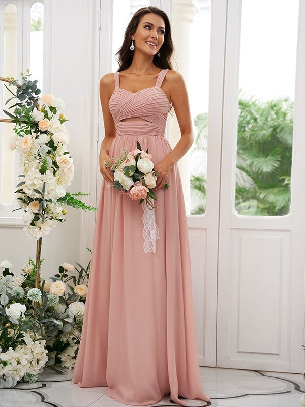 A-Line/Princess Sleeveless Straps Chiffon Ruched Floor-Length Bridesmaid Dresses