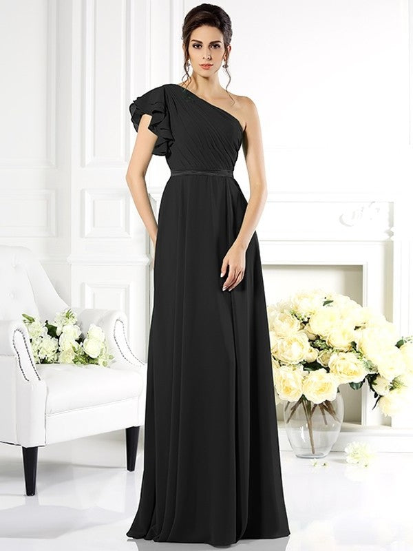 Sleeveless One-Shoulder Ruffles A-Line/Princess Long Chiffon Bridesmaid Dresses