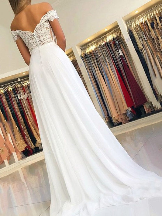 Off-the-Shoulder Sleeveless Floor-Length A-Line/Princess Applique Chiffon Dresses