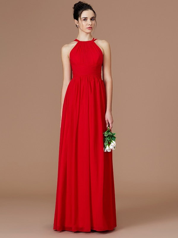 A-Line/Princess Floor-Length Ruched Sleeveless Halter Chiffon Bridesmaid Dresses