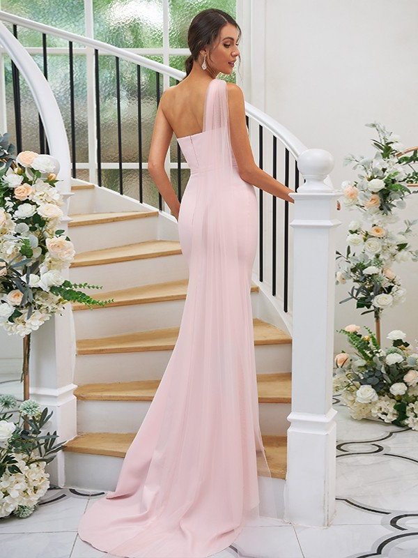 Sleeveless Stretch One-Shoulder Sweep/Brush Ruched Crepe Sheath/Column Train Bridesmaid Dresses