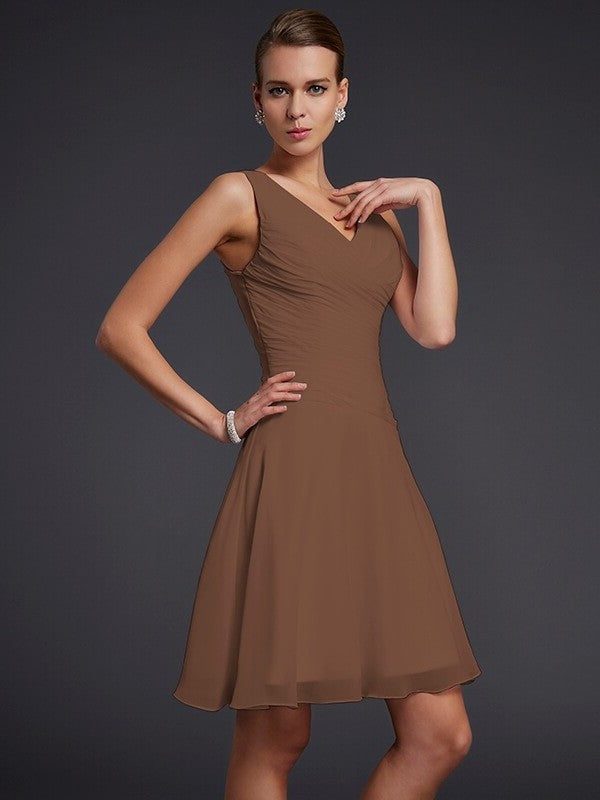 Pleats Short A-Line/Princess Sleeveless V-neck Chiffon Bridesmaid Dresses