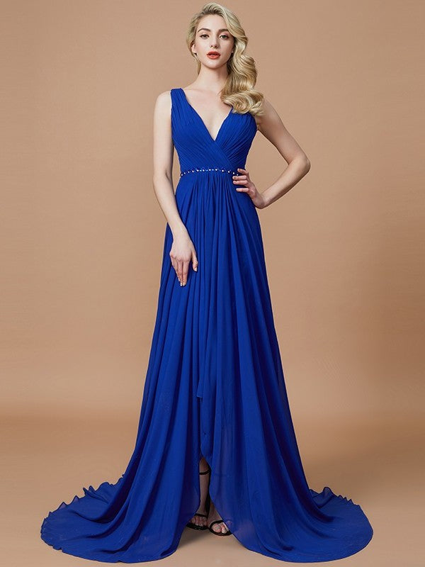 A-Line/Princess Sleeveless V-neck Sweep/Brush Chiffon Train Bridesmaid Dresses