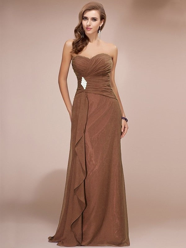 Sheath/Column Long Sweetheart Sleeveless Ruffles Beading Chiffon Bridesmaid Dresses