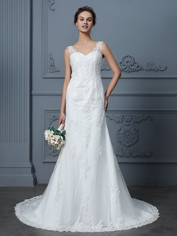 Trumpet/Mermaid Lace Sleeveless V-neck Train Court Tulle Wedding Dresses