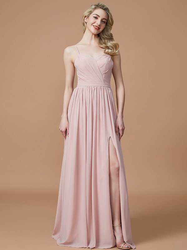 A-Line/Princess Ruched Spaghetti Sleeveless Floor-Length Straps Chiffon Bridesmaid Dresses