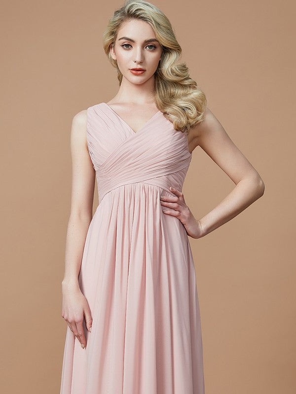 Floor-Length A-Line/Princess V-neck Ruched Sleeveless Chiffon Bridesmaid Dresses