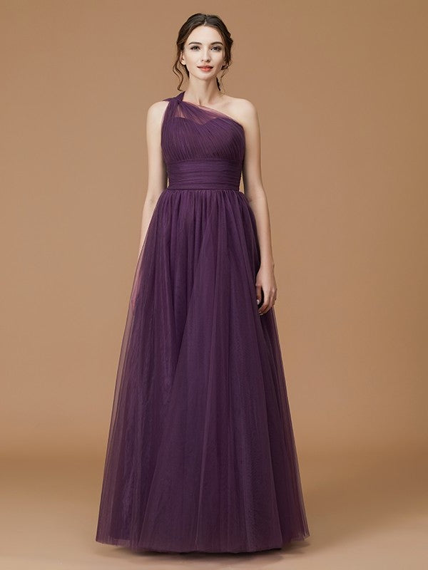 One-Shoulder Floor-Length A-Line/Princess Ruched Sleeveless Tulle Bridesmaid Dresses