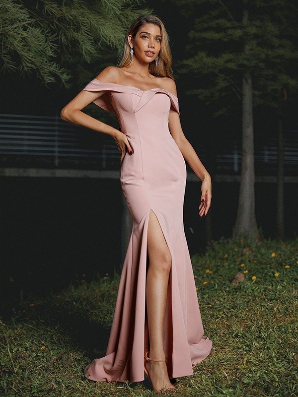 Sleeveless Stretch Ruffles Crepe Sweep/Brush Off-the-Shoulder Sheath/Column Train Bridesmaid Dresses