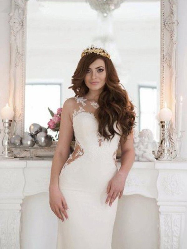 Train Sleeveless Sweep/Brush Applique Scoop Trumpet/Mermaid Lace Wedding Dresses