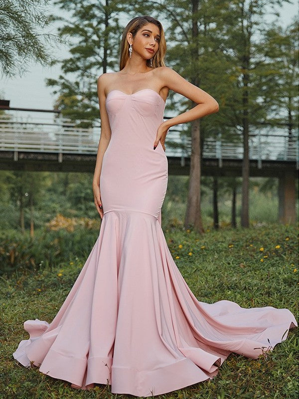 Crepe Sweetheart Bowknot Sweep/Brush Trumpet/Mermaid Sleeveless Stretch Train Bridesmaid Dresses