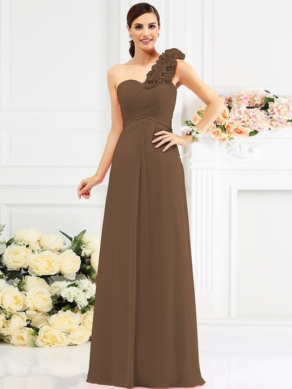 Sleeveless Long Hand-Made A-Line/Princess Flower One-Shoulder Chiffon Bridesmaid Dresses