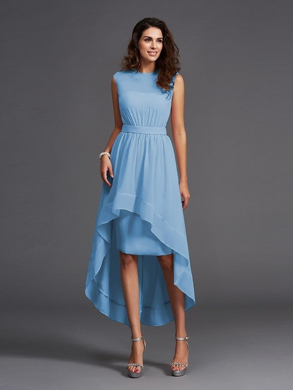 High Scoop Sash/Ribbon/Belt Sleeveless A-Line/Princess Low Chiffon Bridesmaid Dresses