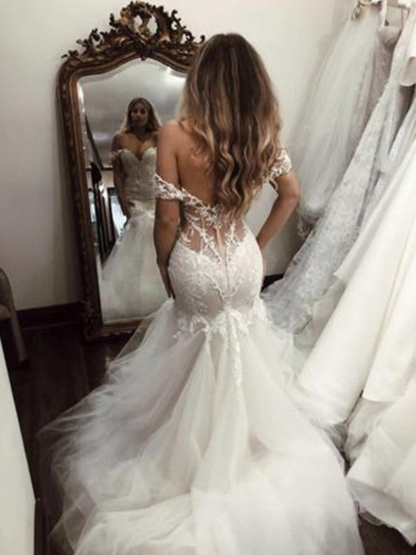 Sleeveless Off-the-Shoulder Tulle Sweep/Brush Trumpet/Mermaid Applique Train Wedding Dresses